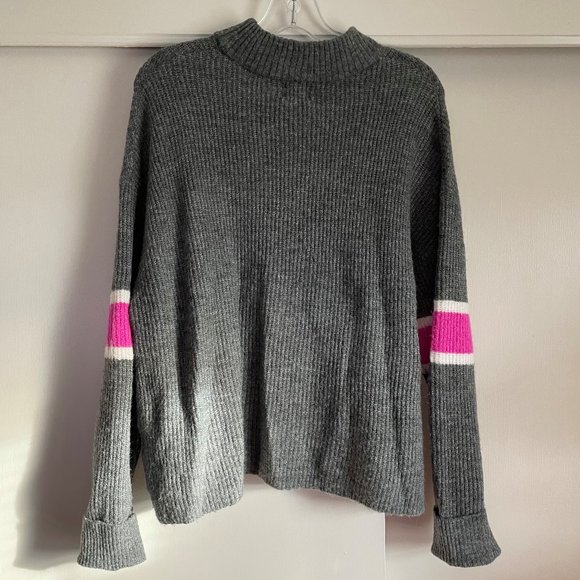 Anthropologie Gray Crewneck Sweater with Pink Sleeve Stripes - Picture 9 of 11